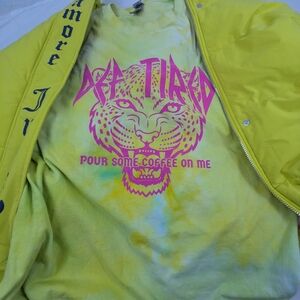 Def Tired Womans Tee Pour Some Coffee On Me Yellow Pink Tie Dye Tee XL